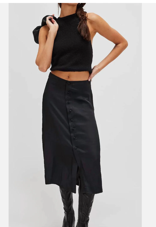 FFREE PEOPLE Analise Button Front Satin Midi Skirt In Black, Size 8
