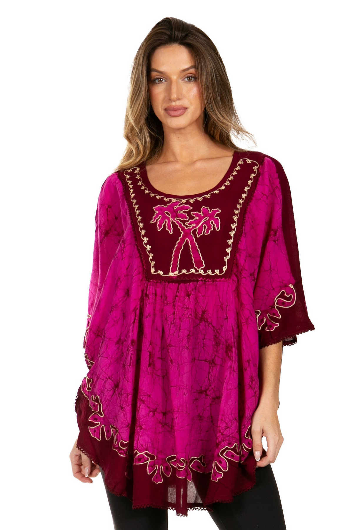 Sakkas Lynda Two Tone Batik Embroidered Palm Tree Peasant Top / Poncho