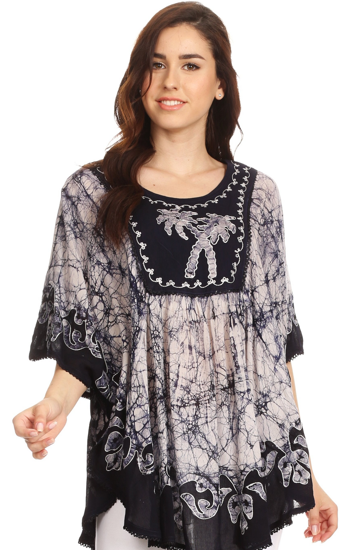 Sakkas Lynda Two Tone Batik Embroidered Palm Tree Peasant Top / Poncho