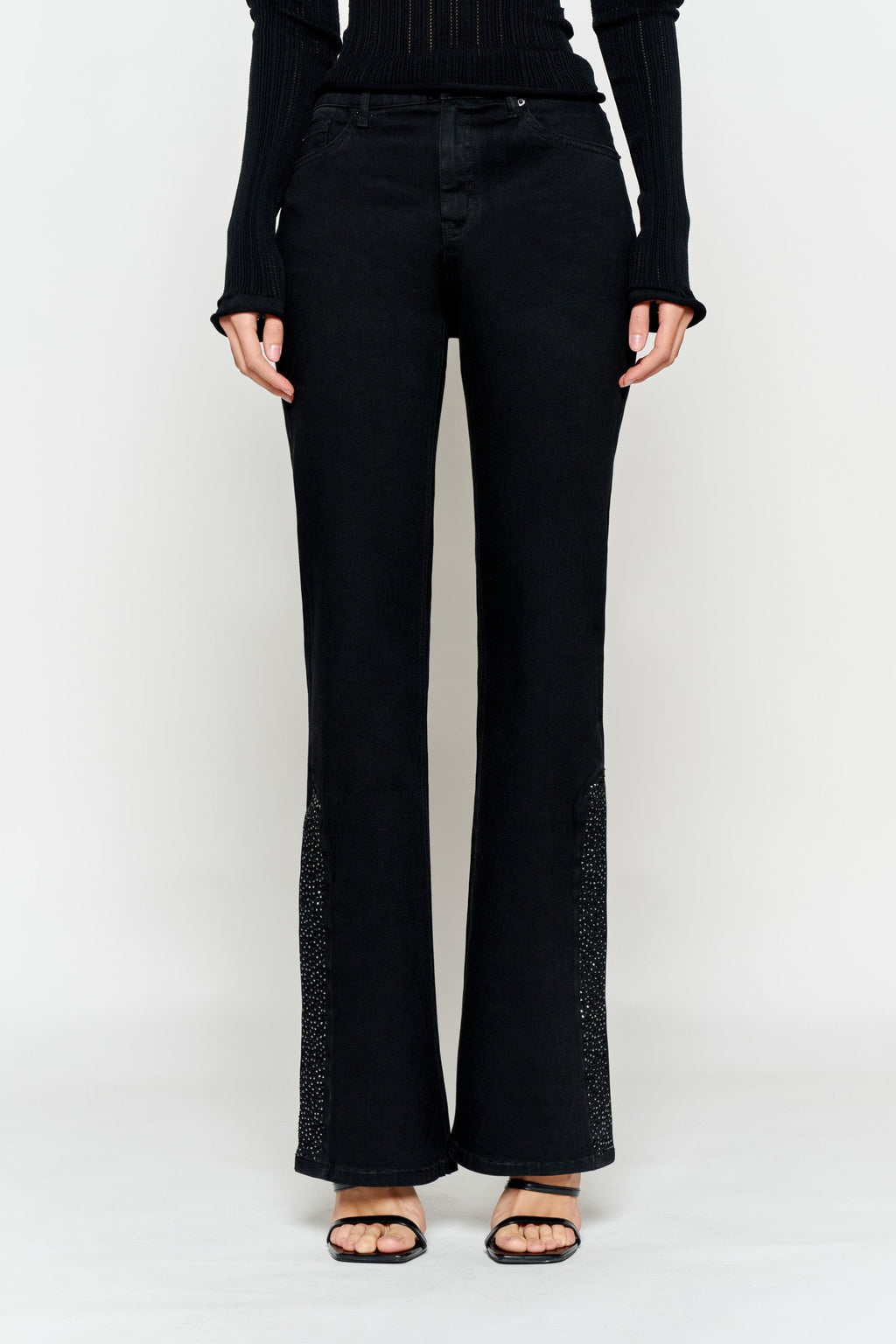 High Rise Slim Wide-Leg with Side Slit Rhinestone Detail