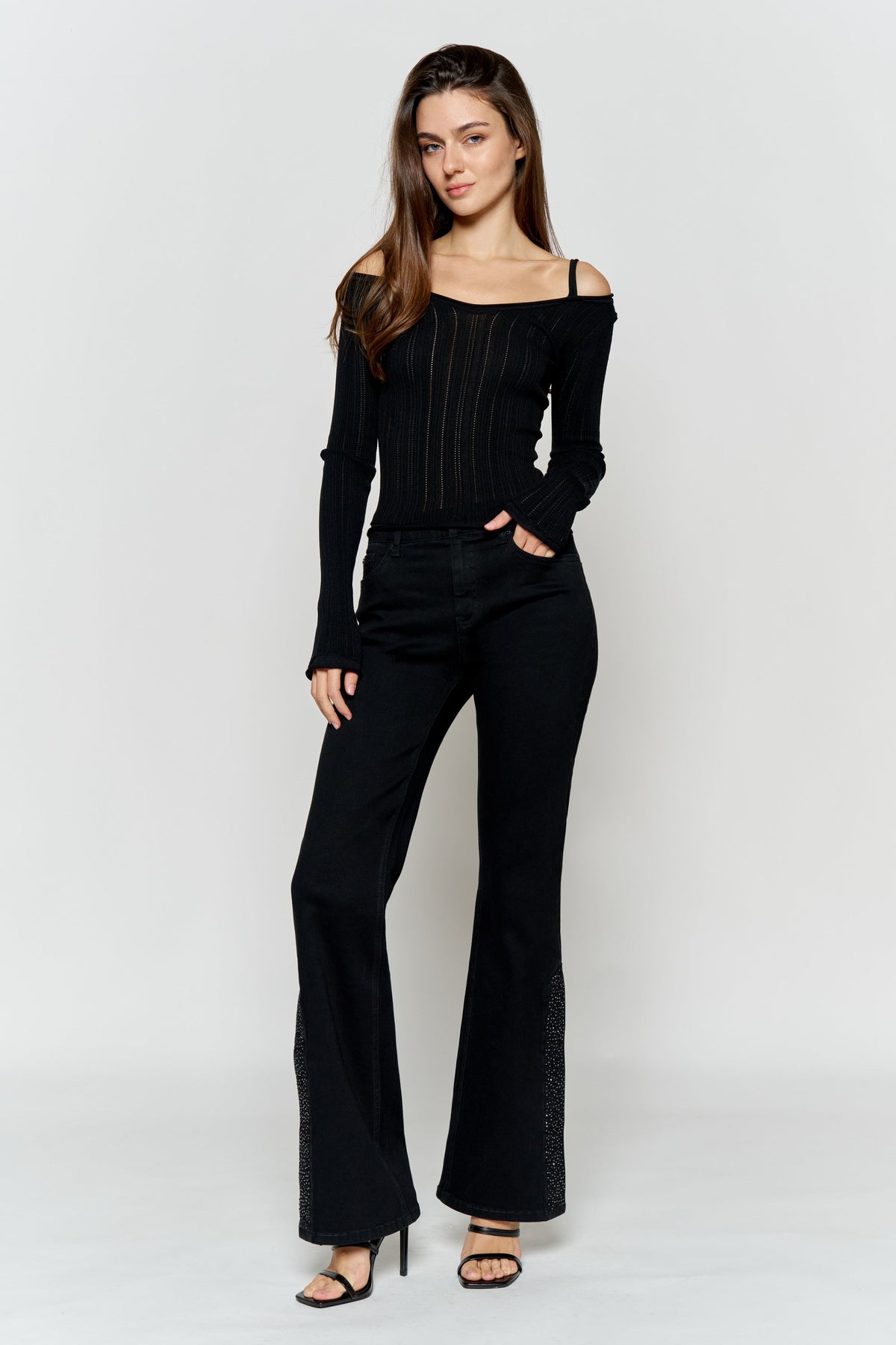 High Rise Slim Wide-Leg with Side Slit Rhinestone Detail
