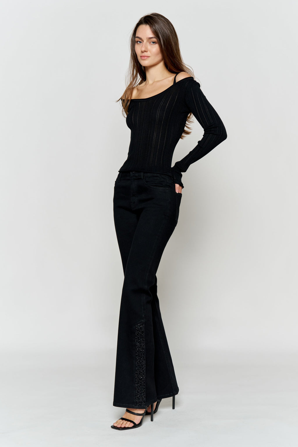 High Rise Slim Wide-Leg with Side Slit Rhinestone Detail