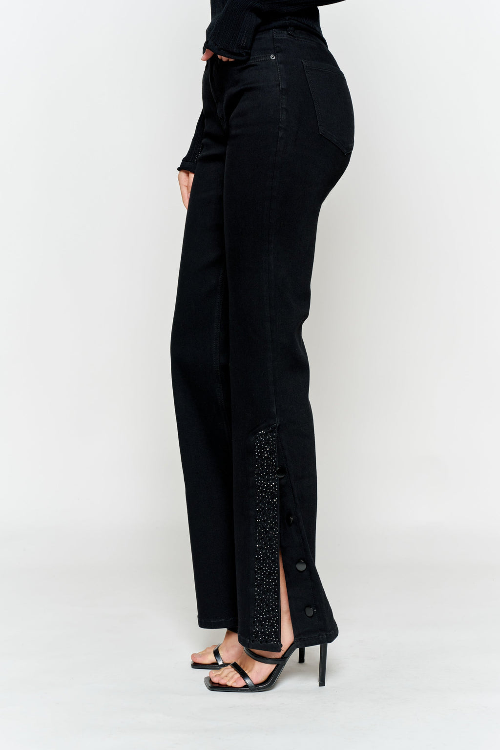 High Rise Slim Wide-Leg with Side Slit Rhinestone Detail