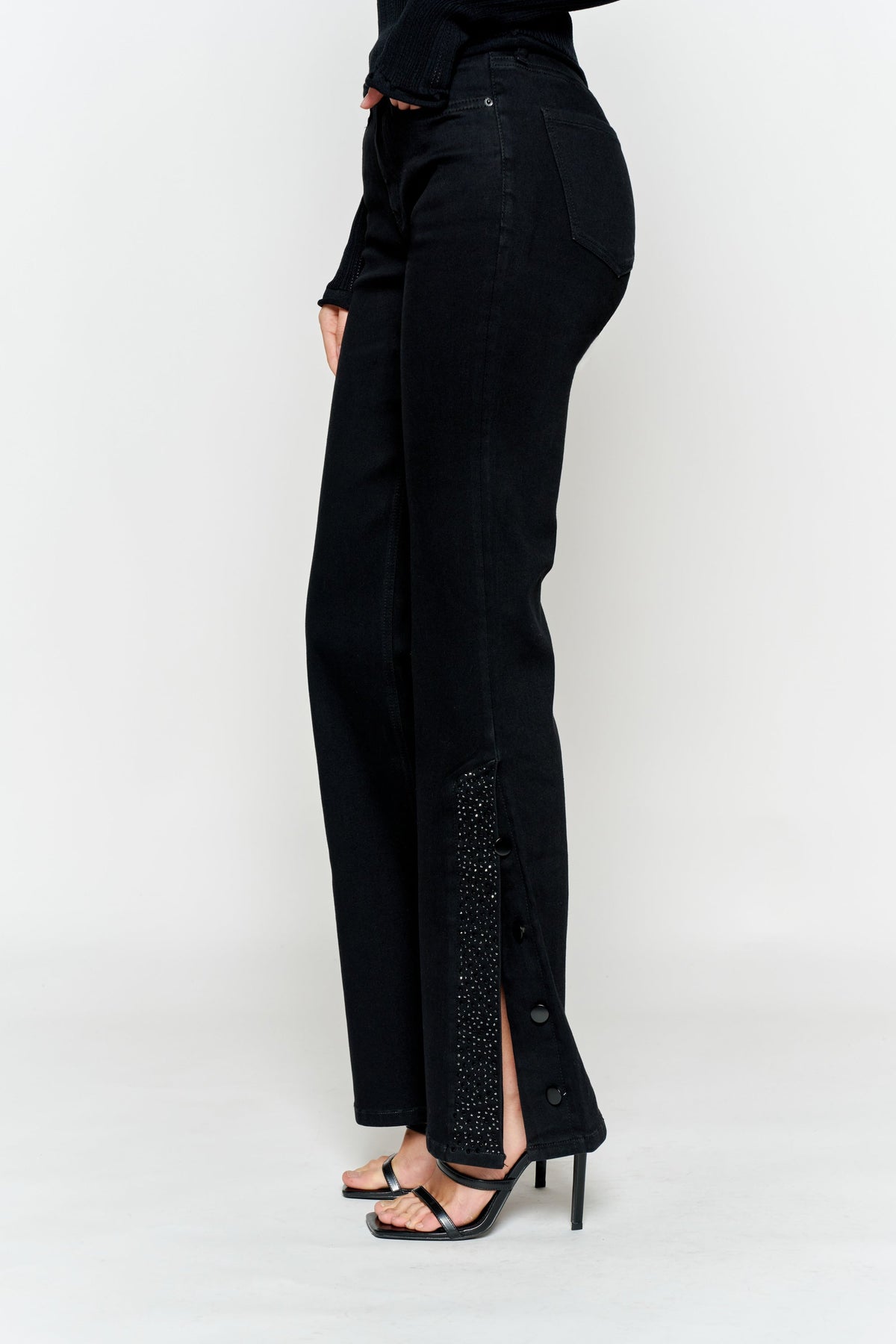 High Rise Slim Wide-Leg with Side Slit Rhinestone Detail