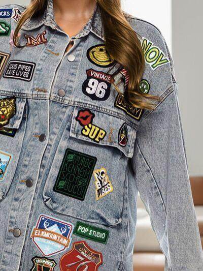 Embroidered Patch Button Up Long Sleeve Denim Jacket for Women