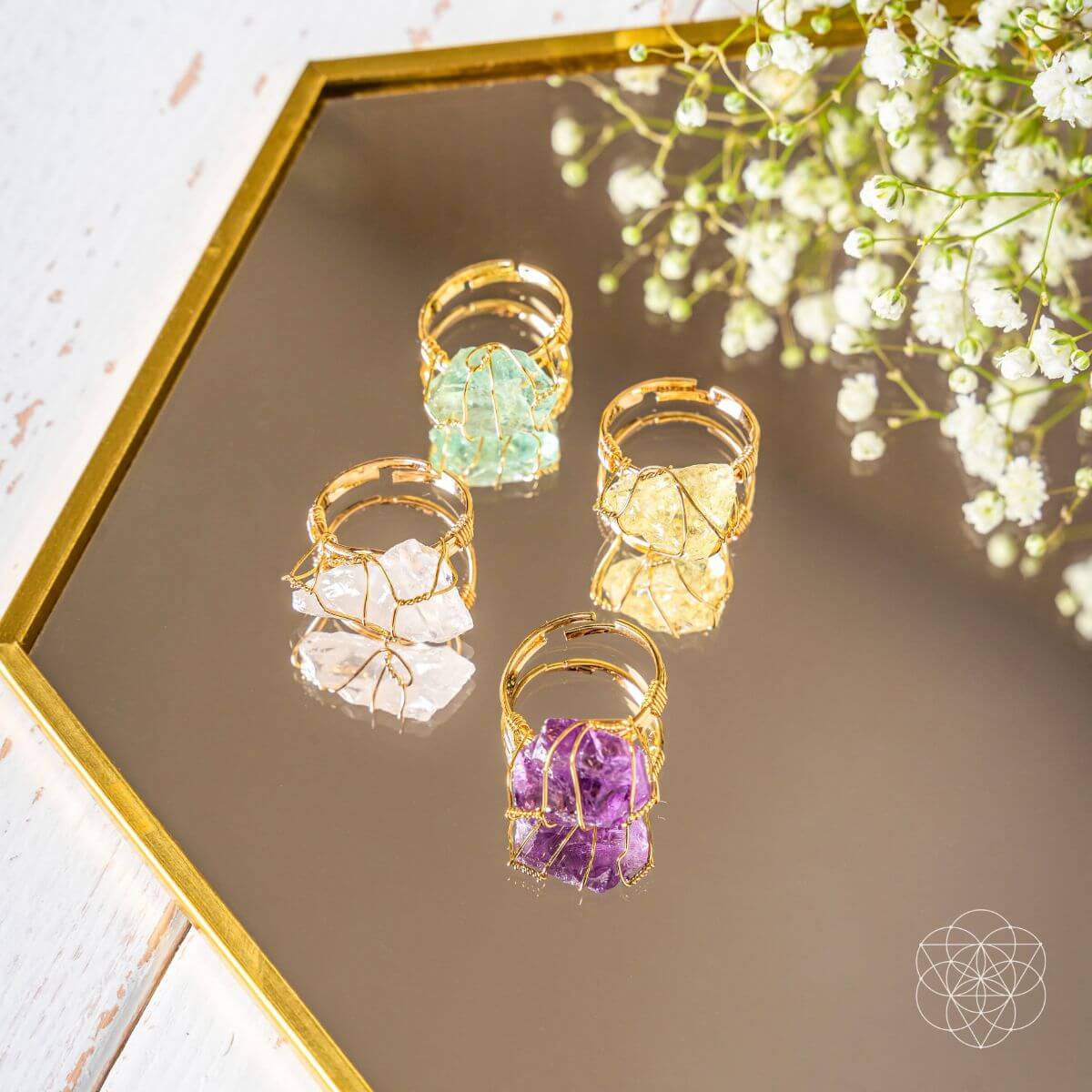 Anti-Stress Rings- 4 piece set authentic and real crystals