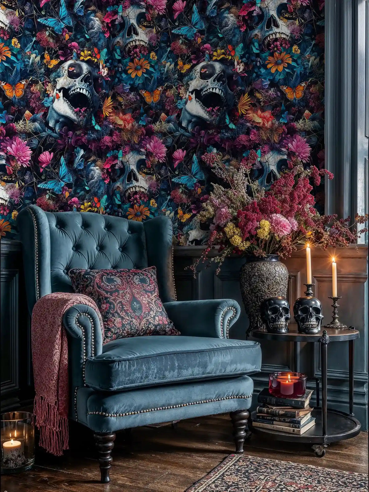 Gothic Skulls and Botanical Blooms Wallpaper