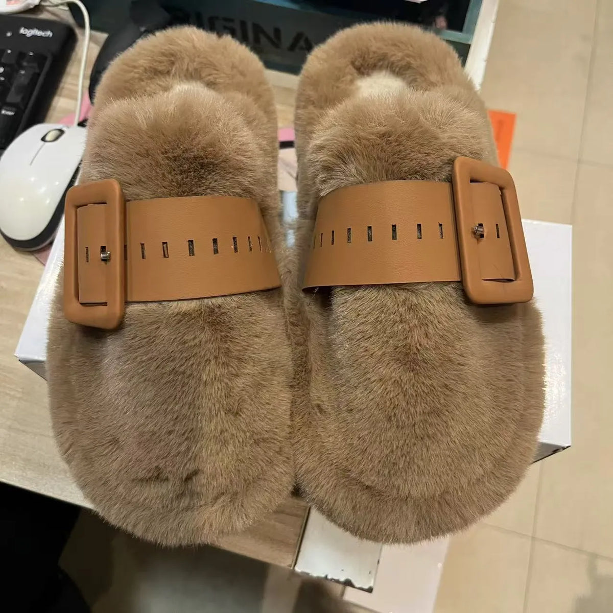 Faux Fur Buckle Slippers