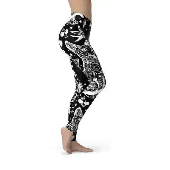 Premium high end Black Magic Cat all over printed Leggings yoga pants microfiber quick dry sports leggings not just average leggings but high quality