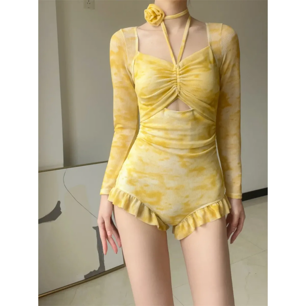 Floral Ruffle One-Piece Long Sleeve Beach Bodysuit 3 colors