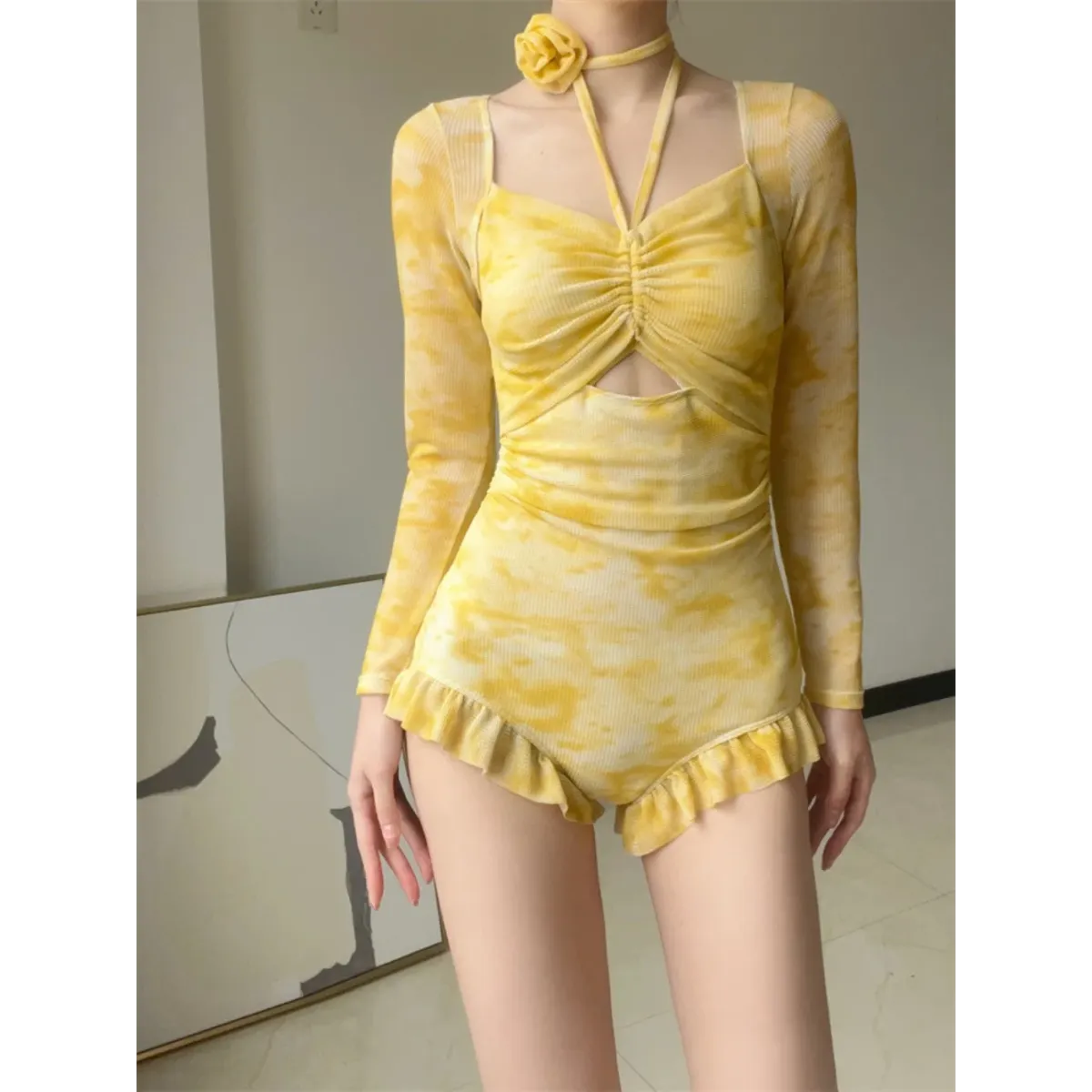 Floral Ruffle One-Piece Long Sleeve Beach Bodysuit 3 colors