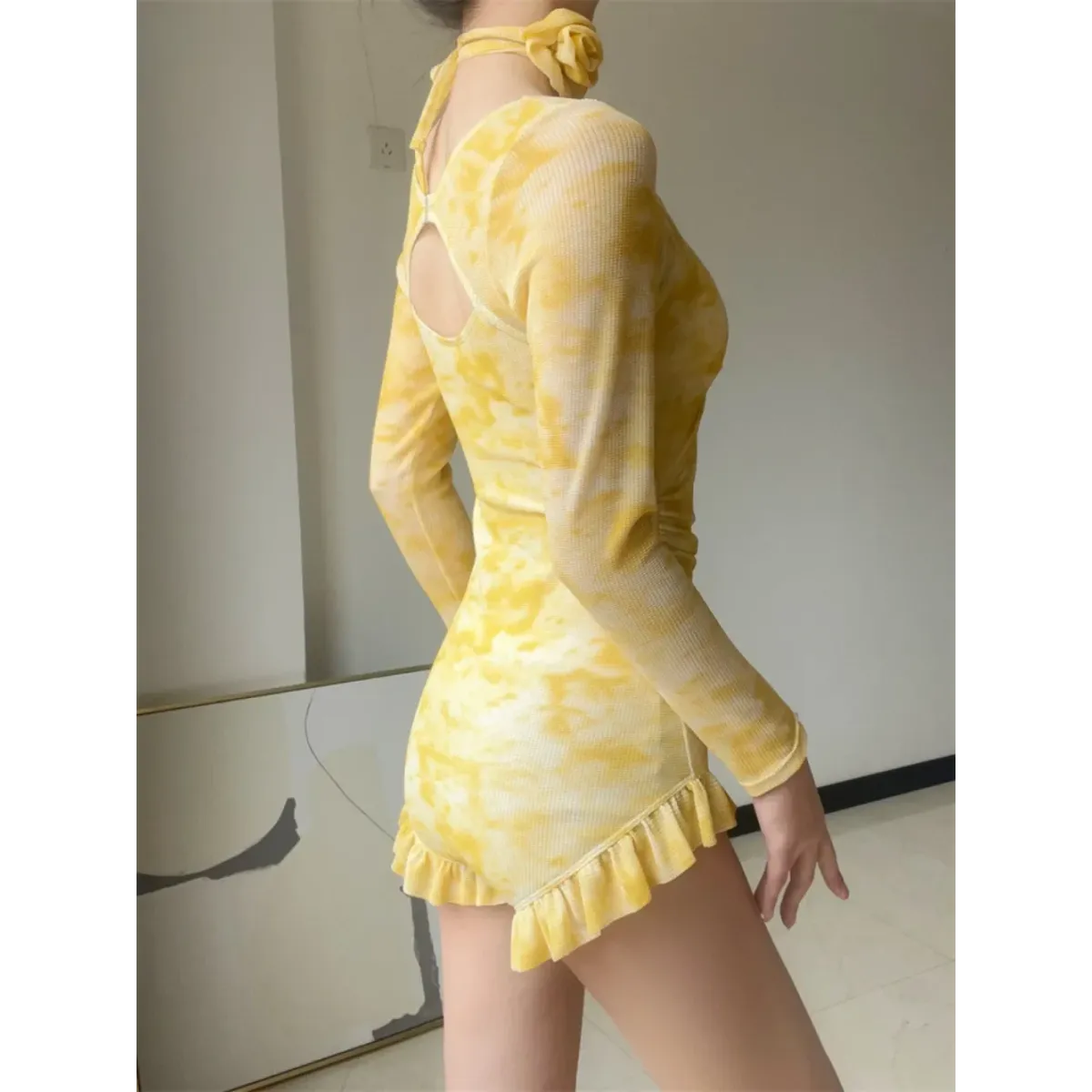 Floral Ruffle One-Piece Long Sleeve Beach Bodysuit 3 colors
