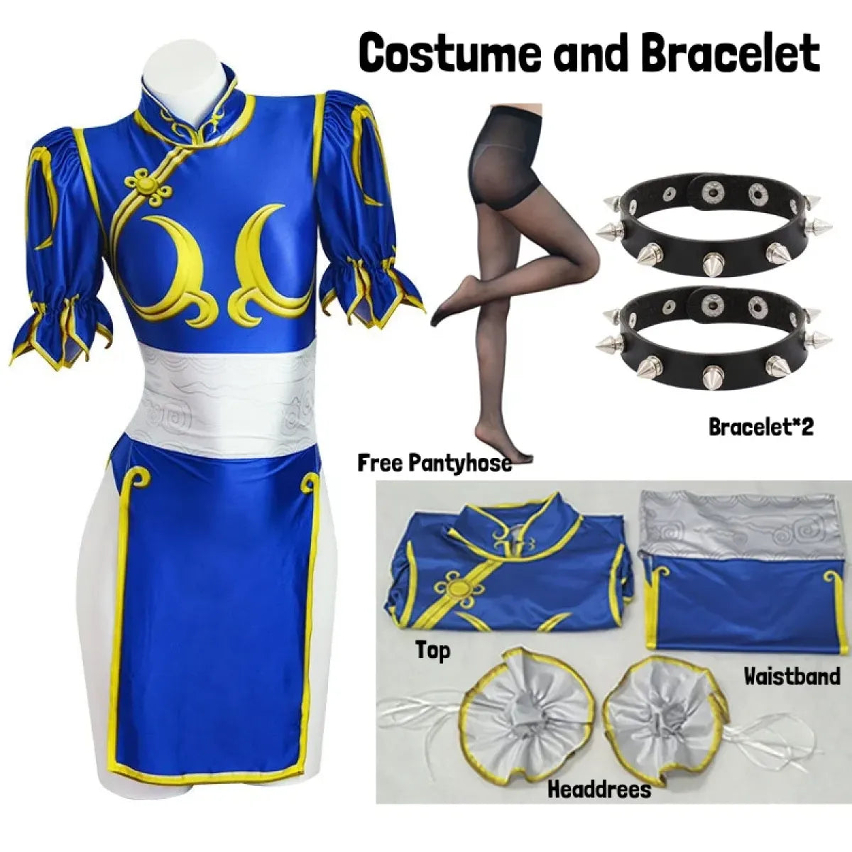Chun Li Cosplay Costume – Street Fighter Blue Cheongsam Set with Headdress