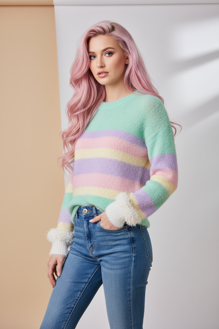 Multicolor Pastel Rainbow Striped Round Neck Long Sleeve Sweater