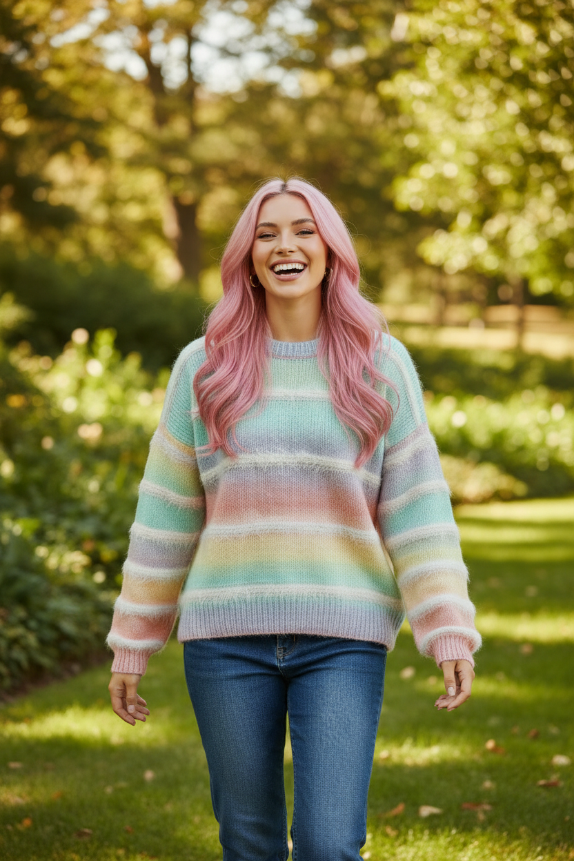 Multicolor Pastel Rainbow Striped Round Neck Long Sleeve Sweater
