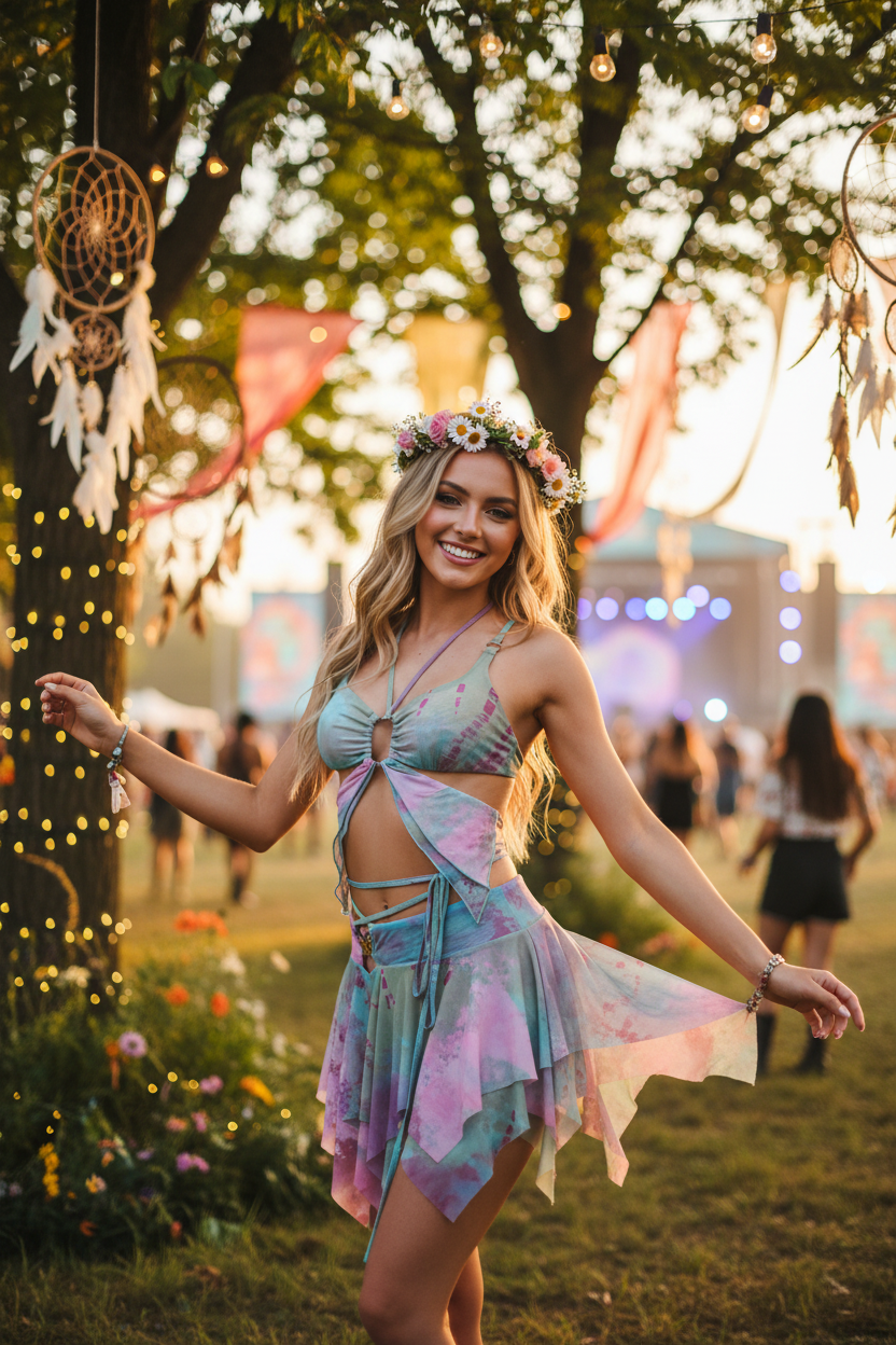 Tie-Dye Fairy Set – Butterfly Crop Top & Wrap Mini Skirt 3 color options