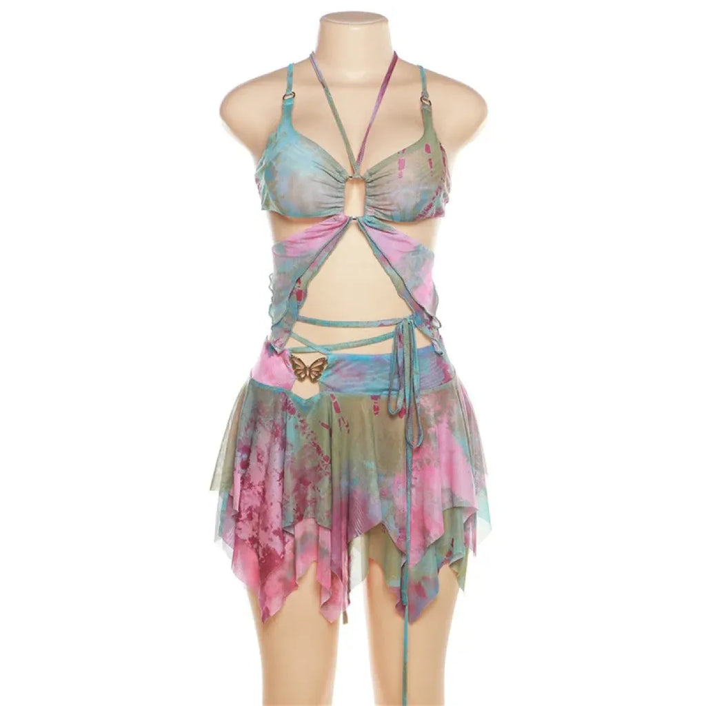 Tie-Dye Fairy Set – Butterfly Crop Top & Wrap Mini Skirt 3 color options
