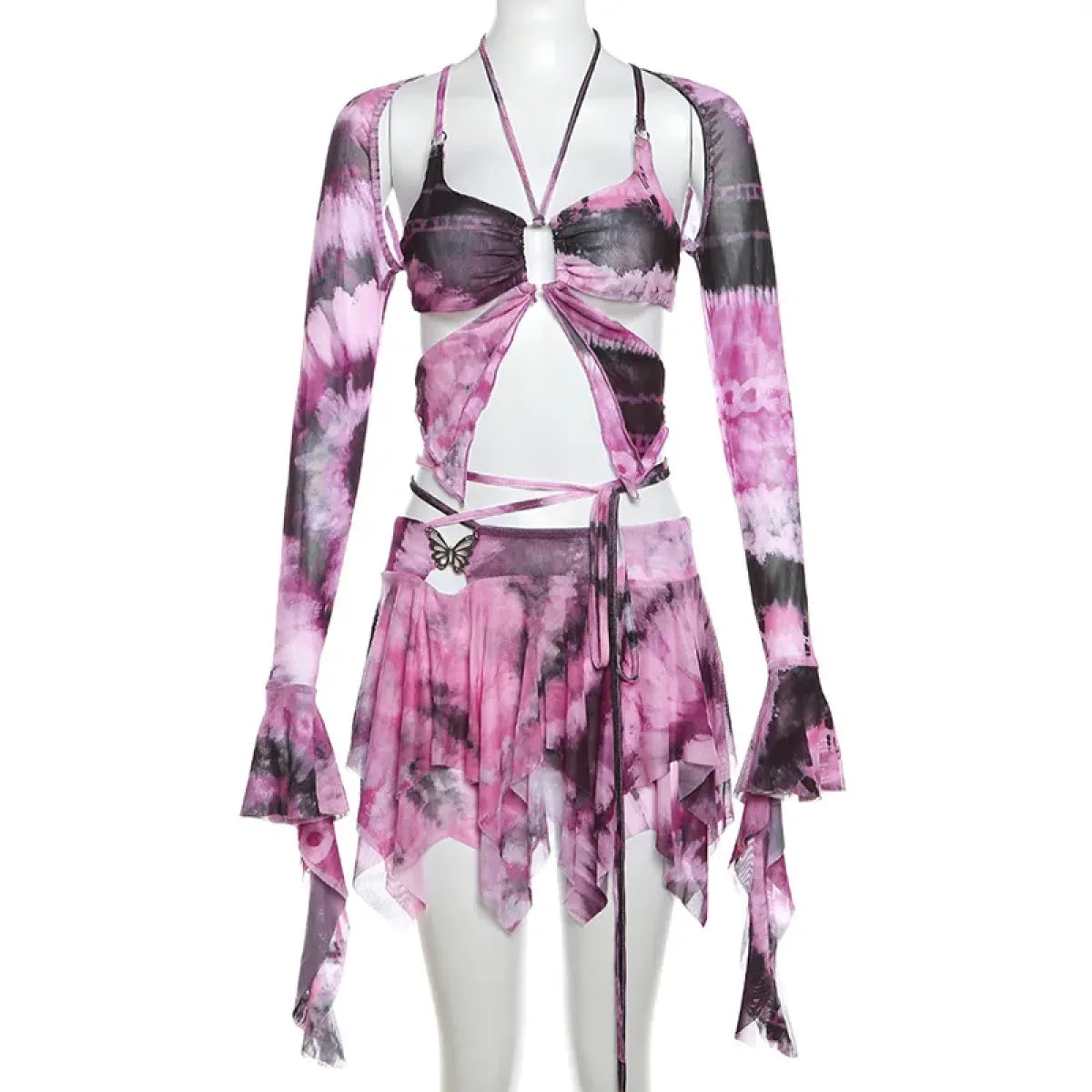 Tie-Dye Fairy Set – Butterfly Crop Top & Wrap Mini Skirt 3 color options displaying the Blue Version