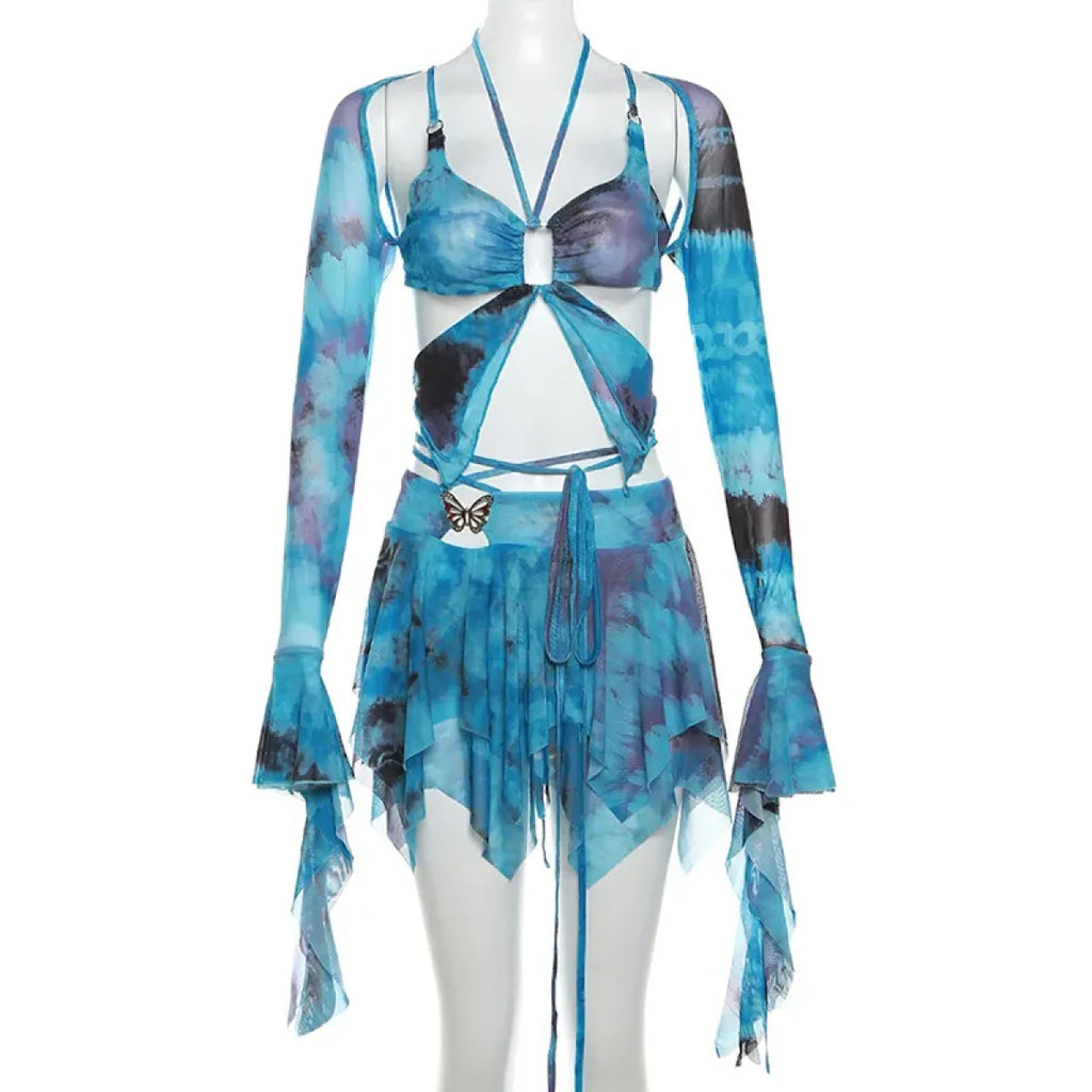 Tie-Dye Fairy Set – Butterfly Crop Top & Wrap Mini Skirt 3 color options