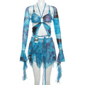 Tie-Dye Fairy Set – Butterfly Crop Top & Wrap Mini Skirt 3 color options displaying the Blue Version
