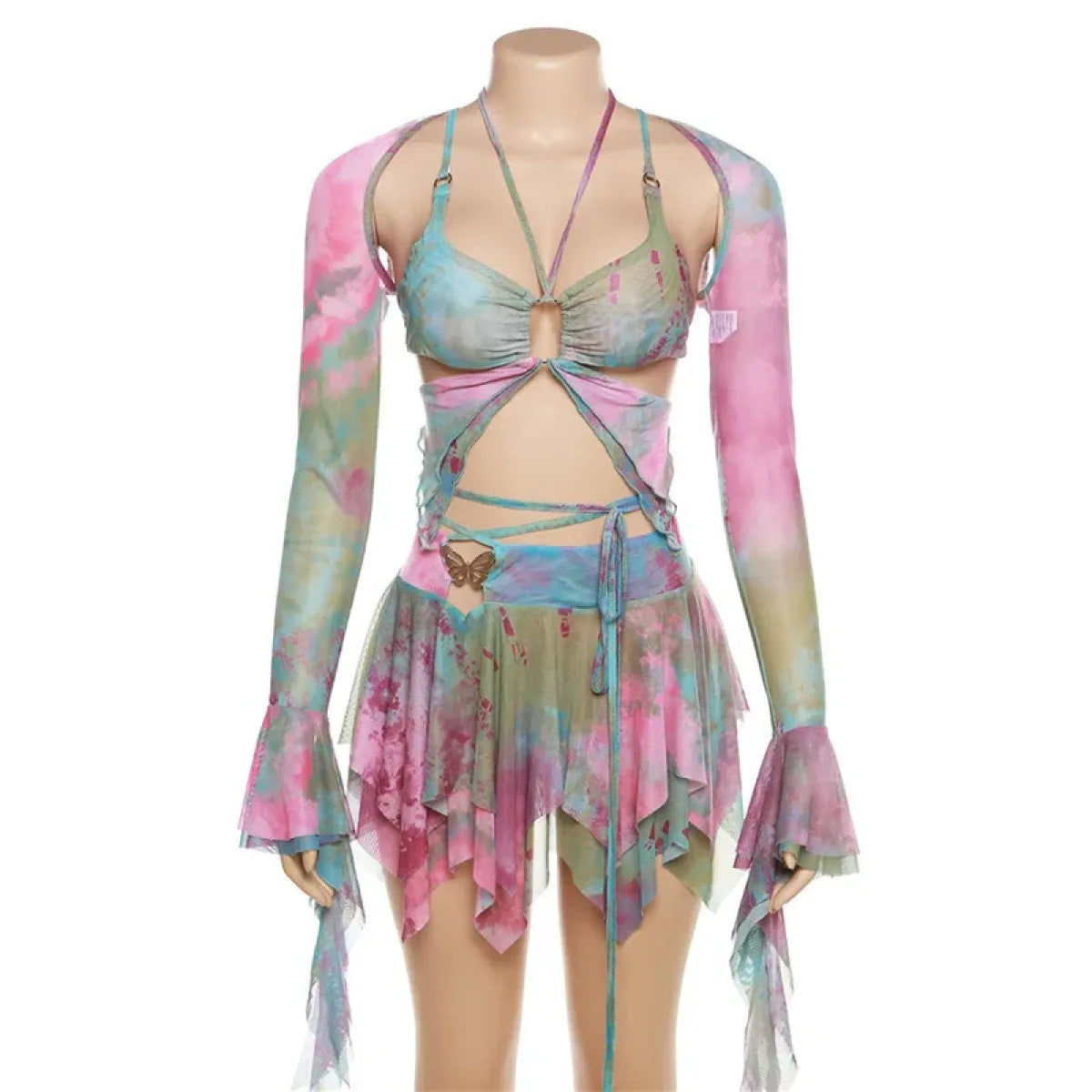 Tie-Dye Fairy Set – Butterfly Crop Top & Wrap Mini Skirt 3 color options displaying the Blue Version