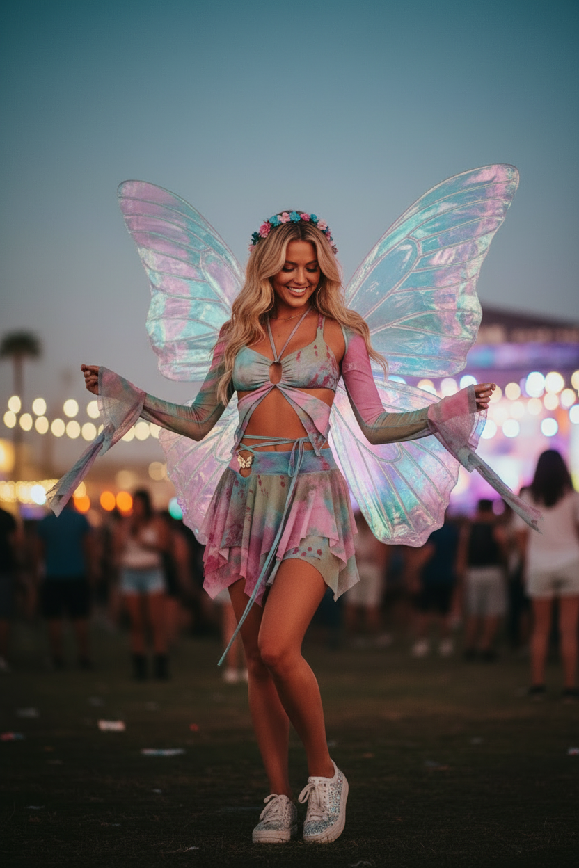 Tie-Dye Fairy Set – Butterfly Crop Top & Wrap Mini Skirt 3 color options displaying pink & black version